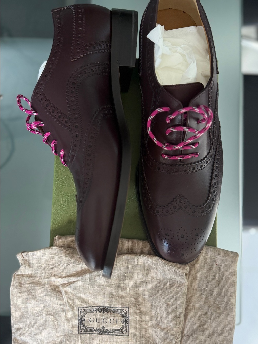 Gucci Brand New Authentic Men Dark Burgundy Brogue Oxfords Size 11 Made in Italy